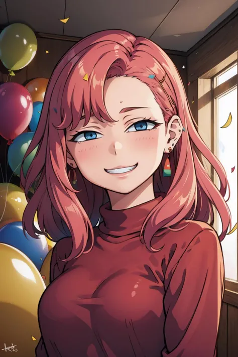 masterpiece, best quality, <lora:partygirl-nvwls-v1-000010:0.9> pgirl, earrings, pink sweater, <lora:AnyasHehFaceMeme:1> IncrsAnyasHehFaceMeme, grin, smug, upper body, portrait, looking at viewer, indoors, confetti, balloons, party