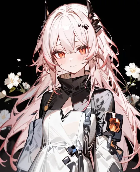 ru_zhai,ciloranko,nana kagura,1girl,solo,theresa,(white black dress:1.2),white pink hair,long hair,red eyes,horn,smile,closed mouth,blush,upper body,white flower,white flower blossoms,(black background:0.7),looking at viewer,
masterpiece,best quality,very aesthetic,absurdres,<lora:sdxl_arknights_theresa_adamw_fp8_kohakuep-V1.0-000013:1>,