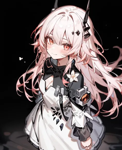 ru_zhai,ciloranko,nana kagura,1girl,solo,theresa,white pink hair,long hair,red eyes,black horn,smile,blush,white black dress,cowboy shot,cleavage,blush,white flower,white flower blossoms,(black background:0.7),happy,looking at viewer,arms at side,from above,from side,
masterpiece,best quality,very aesthetic,absurdres,<lora:sdxl_arknights_theresa_adamw_fp8_kohakuep-V1.0-000013:1>,