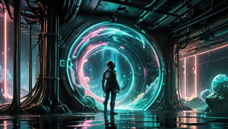Dystopian style (((Ultra-detailed, Hyper-realistic, 8k, highres, masterpiece))),<lora:Clothing - Hydro Armor:0.6>,hydr04rmor,hydropunk,glowing,tube,cable,underwater,futuristic helmet,air bubble,<lora:add-detail-xl:1>,<lora:Painted World:0.6>,painted world,colorful splashes,<lora:Neon_Cyberpunk_SDXL:0.8>,cyberbody,neonbody,lightstreak,holodrift,cablelink,<lora:underwater:0.45>,underwater,submerged,<lora:neonlight_V1_loha:0.8>, neonlight\(ttp\), . Bleak, post-apocalyptic, somber, dramatic, highly detailed