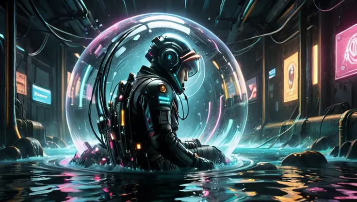 Dystopian style (((Ultra-detailed, Hyper-realistic, 8k, highres, masterpiece))),<lora:Clothing - Hydro Armor:0.6>,hydr04rmor,hydropunk,glowing,tube,cable,underwater,futuristic helmet,air bubble,<lora:add-detail-xl:1>,<lora:Painted World:0.6>,painted world,colorful splashes,<lora:Neon_Cyberpunk_SDXL:0.8>,cyberbody,neonbody,lightstreak,holodrift,cablelink,<lora:underwater:0.45>, underwater,submerged, . Bleak, post-apocalyptic, somber, dramatic, highly detailed