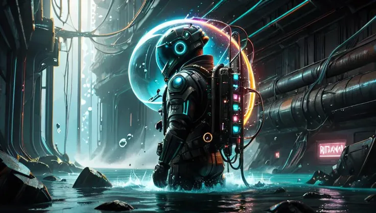 Dystopian style (((Ultra-detailed, Hyper-realistic, 8k, highres, masterpiece))),<lora:Clothing - Hydro Armor:0.6>,hydr04rmor,hydropunk,glowing,tube,cable,underwater,futuristic helmet,air bubble,<lora:add-detail-xl:1>,<lora:Painted World:0.6>,painted world,colorful splashes,<lora:Neon_Cyberpunk_SDXL:0.8>, cyberbody,neonbody,lightstreak,holodrift,cablelink, . Bleak, post-apocalyptic, somber, dramatic, highly detailed