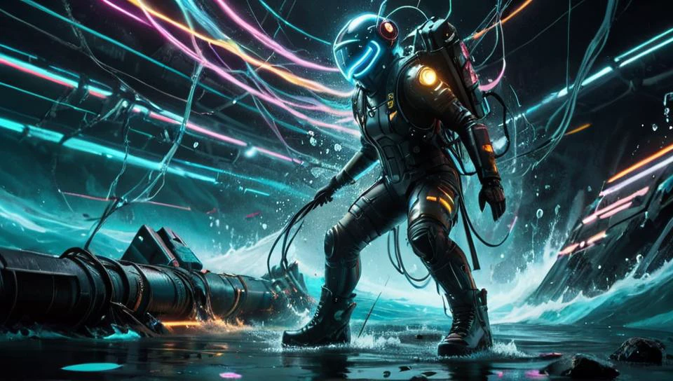 Dystopian style (((Ultra-detailed, Hyper-realistic, 8k, highres, masterpiece))),<lora:Clothing - Hydro Armor:0.6>,hydr04rmor,hydropunk,glowing,tube,cable,underwater,futuristic helmet,air bubble,<lora:add-detail-xl:1>,<lora:Painted World:0.6>,painted world,colorful splashes,<lora:Neon_Cyberpunk_SDXL:0.8>, cyberbody,neonbody,lightstreak,holodrift,cablelink, . Bleak, post-apocalyptic, somber, dramatic, highly detailed