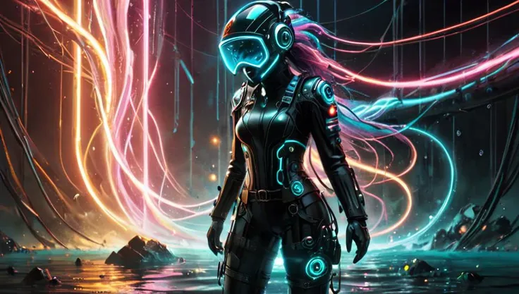 Dystopian style (((Ultra-detailed, Hyper-realistic, 8k, highres, masterpiece))),<lora:Clothing - Hydro Armor:0.6>,hydr04rmor,hydropunk,glowing,tube,cable,underwater,futuristic helmet,air bubble,<lora:add-detail-xl:1>,<lora:Painted World:0.6>,painted world,colorful splashes,<lora:Neon_Cyberpunk_SDXL:0.8>, cyberbody,neonbody,lightstreak,holodrift,cablelink, . Bleak, post-apocalyptic, somber, dramatic, highly detailed