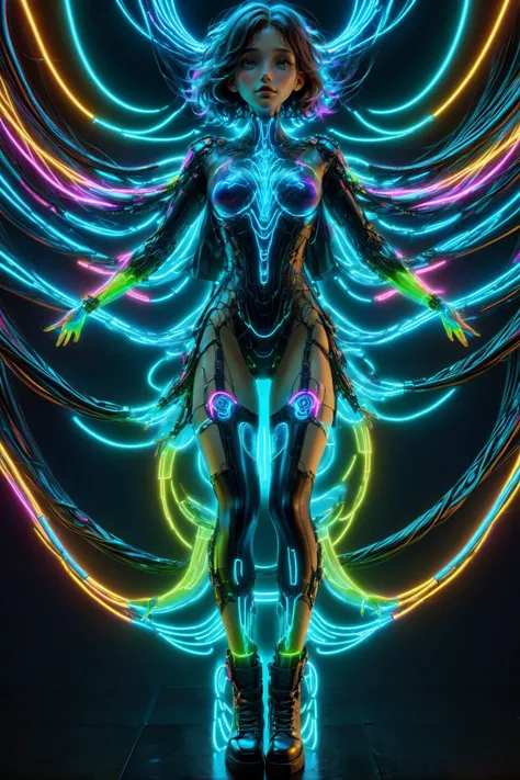 woman floating in cyberspace, neonbody, cablelink <lora:Neon_Cyberpunk_SDXL:1.2> <lora:Neon_Style_XL:0.8> neon_style, (masterpiece:1.2), best quality, colorful, (intricate details, hyperdetailed, highest detailed:1.2), high resolution textures, <lora:EnvyBetterHiresFixXL01:1>
