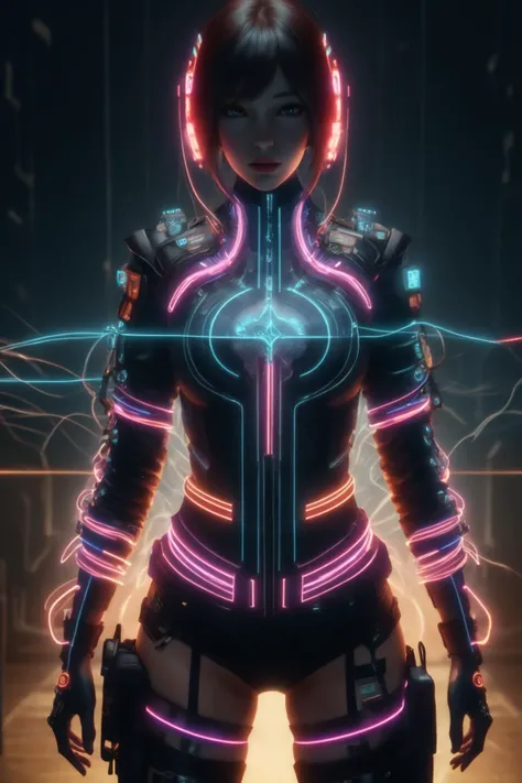 8k,highres,absurdres,masterpiece,best quality,original,extremely detailed CG,extremely detailed wallpaper,perfect lighting,
<lora:Neon_Cyberpunk_SD1.5:0.7>,cyberbody,neonbody,lightstreak,holodrift,cablelink,1girl,