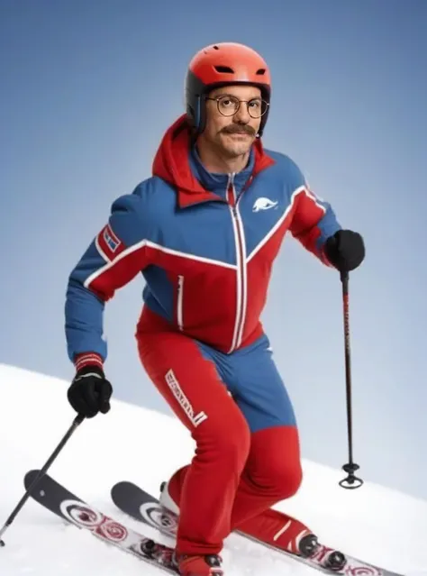 TobiasFunkle1024, a man with a moustache, small round glasses, sexy pose, skiing, +++tight ((red and blue spandex)), skihelmet, snow, tattoo on the chest, photography, highly detailed, sharp focus, trending on artstation, studio photo, intricate details, highly detailed, by greg rutkowski <lora:TobiasFunkle1024:0.9>