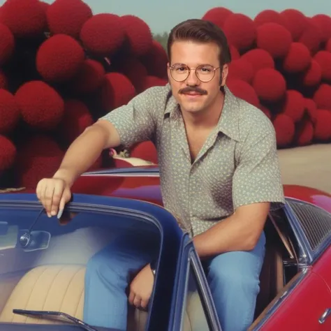 TobiasFunkle1024, a man sitting on the hood of a red car with a flowered bush behind him and a red car, promotional image, a colorized photo, kitsch movement <lora:TobiasFunkle1024:0.8>