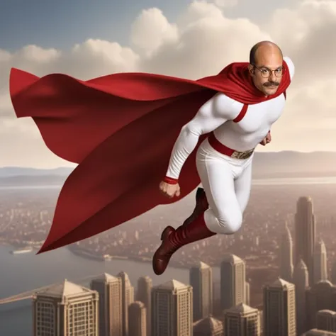 TobiasFunkle1024, a man with a moustache, small round glasses, in a red and white spandex flying through the air with a red cape on his shoulders and a city in the background, detailed eyes, photography, highly detailed, sharp focus, trending on artstation, studio photo, intricate details, highly detailed, by greg rutkowski <lora:TobiasFunkle1024:0.8>