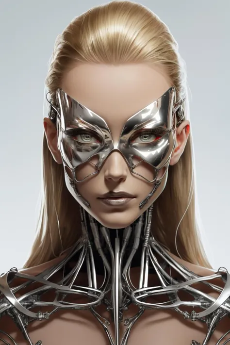 (masterpiece, best quality, official art, beautiful and aesthetic),cowboy_shot,1 teenager girl with half robotic body,solo,looking at viewer,thin waist,battle damaged metallic skeleton,Dented,rusty,worn,half mechaiecal body,silver metal,science fiction,blonde hair,long hair,breasts,realistic,lips,forehead,medium breasts,cyberpunk,mechanical parts,cyborg,grey eyes,(half metallic face:1.4),half metallic mask,white background,<lora:Clothing -:0.6>,<lora:halfmetal-000008:1>,