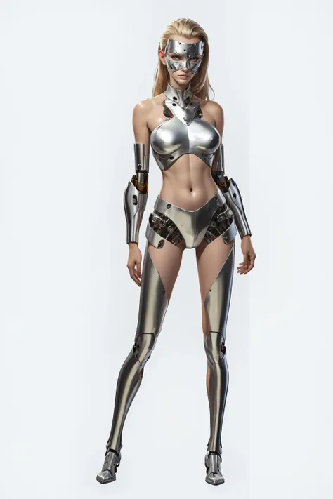 (masterpiece, best quality, official art, beautiful and aesthetic),full body,1 teenager girl with half robotic body,solo,looking at viewer,thin waist,battle damaged metallic armer,Dented,rusty,worn,half mechaiecal body,silver metal,science fiction,blonde hair,long hair,breasts,realistic,lips,forehead,medium breasts,cyberpunk,mechanical parts,cyborg,grey eyes,(half metallic face:1.4),half metallic mask,white background,<lora:halfmetal:0.7>,<lora:Clothing -:0.6>,