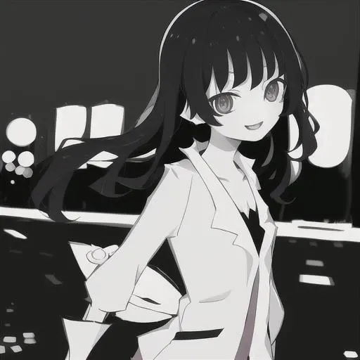 1girl,style\(monogatari3\),solo,smiling, black hairs, black and white,masterpiece, best quality, night street in background,<lora:monogatari3_v1:1.2>,night street in background