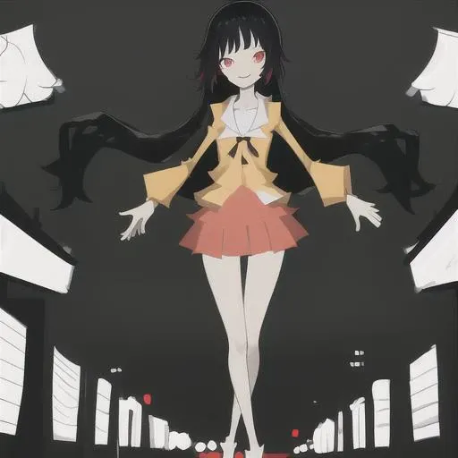1girl,style\(monogatari3\),solo,smiling, black hairs, black and white ,full body,masterpiece, best quality, night street in background,<lora:monogatari3_v1:1.1>,night street in background