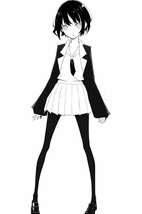 1girl,style\(monogatari3\),solo, pantyhose, school uniform,white skirt, short hair, sleeves past wrists, pleated skirt, shoes, sleeves past fingers, jacket, necktie,monochrome, greyscale,full body,, masterpiece, best quality,