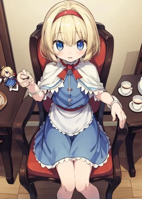 masterpiece, best quality,,<lora:GoodHands-vanilla:0.8> <lora:anmnr01:0.3> <lora:add_detail:0.5>
<lora:web10:0.7>,1girl,alice sitting chair,blonde short hair, blue eyes,red hairband,white cape,blue frilled skirt ,table, chair, teaset on table,looking doolls,(red dressed small dolls around girl:1.2)