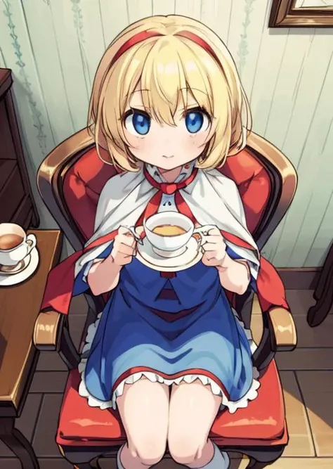masterpiece, best quality,,<lora:GoodHands-vanilla:0.8> <lora:anmnr01:0.3> <lora:add_detail:0.5>
<lora:web10:0.7>,1girl,alice sitting chair,blonde short hair, blue eyes,red hairband,white cape,blue frilled skirt ,table, chair, teaset on table,(red dressed small dolls around girl:1.2)