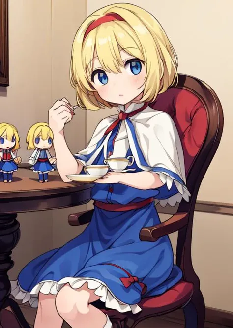 masterpiece, best quality,,<lora:GoodHands-vanilla:0.8> <lora:anmnr01:0.3> <lora:add_detail:0.5>
 <lora:web10:0.7>,1girl,alice sitting chair,blonde short hair, blue eyes,red hairband,white cape,blue frilled skirt ,table, chair, teaset on table,(red dressed small dolls around girl:1.2)