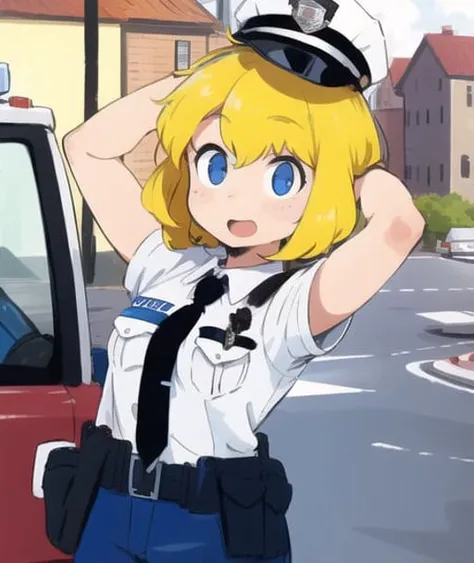 1girl, solo, <lora:web10:0.75:INS,MIDD>, webaneki, blonde hair, hair tubes, policeweb,