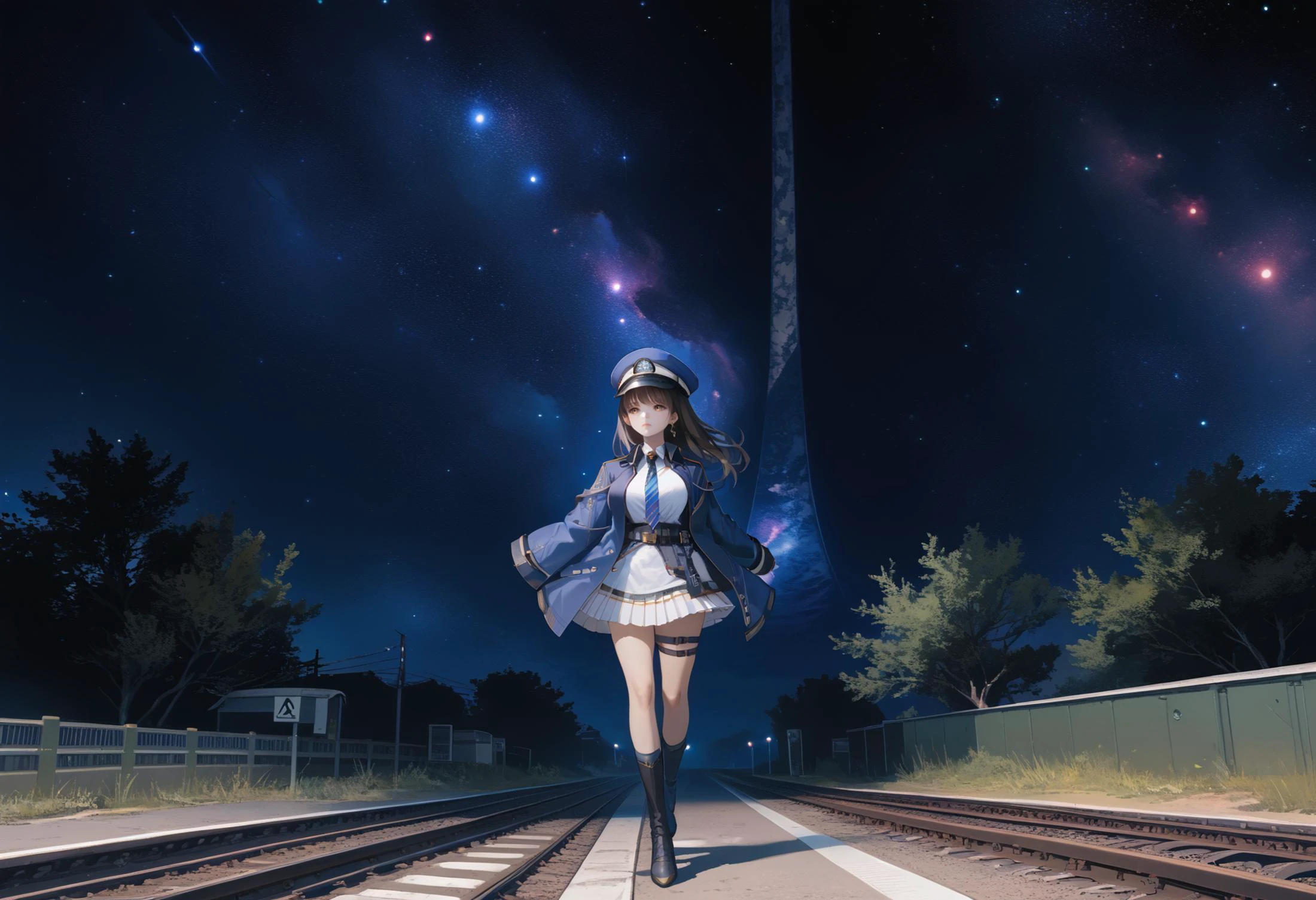 score_9, score_8_up, score_7_up, hlrng, horizon, starry sky, railroad tracks, dark, full body, walking, darkness, night, night sky, starry sky, star \(sky\), nebula, galaxy, side 1girl, solo, dsldef, brown eyes, black hair, long hair, bangs, large breasts, peaked cap, earrings, blue coat, coat on shoulders, military uniform, black jacket, white shirt, collared shirt, blue necktie, pleated skirt, white skirt, belt, white gloves, thigh strap, knee boots <lora:haloring-halo-richy-v1_pdxl:1> <lora:diesel-nikke-richy-v1_pdxl:1>