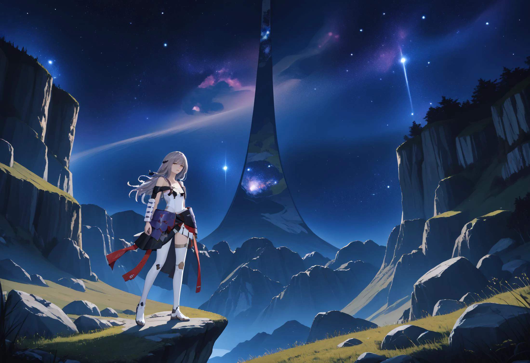 score_9, score_8_up, score_7_up, source_anime BREAK 1girl, solo, <lora:haloring-halo-richy-v1_pdxl:1> hlrng, horizon, mountainous horizon, vista, dark, darkness, night, night sky, starry sky, star \(sky\), nebula, galaxy, sky, full body, rock, field, cliff, standing, <lora:scarlet-nikke-richy-v1_pdxl:1> scrltdef, half-closed eyes, yellow eyes, long hair, grey hair, hair ornament, chest strap, white leotard, cleavage, bare shoulders, single shoulder pad, single vambrace, hip armor, white legwear, thighs, thigh cutout, looking at viewer