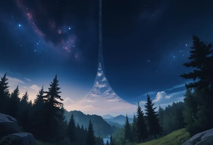 score_9, score_8_up, score_7_up, source_anime BREAK <lora:haloring-halo-richy-v1_pdxl:1> hlrng, horizon, sky, starry sky, scenery, forest, standing, blue sky