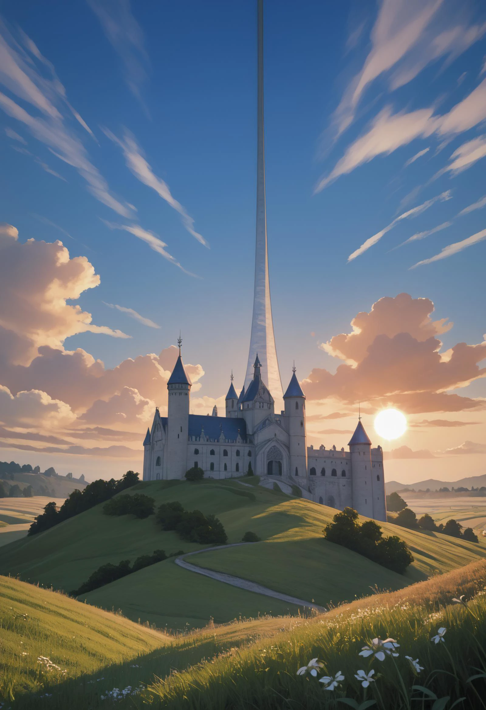 score_9, score_8_up, score_7_up, source_anime BREAK <lora:haloring-halo-richy-v1_pdxl:1> hlrng, horizon, field, sun, blue sky, castle, fantasy, medieval, mansion