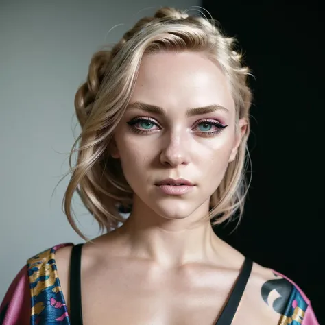 A stunning intricate full color portrait of a woman,wearing a colorful top, pink lips, ASR <lora:annasophiarobbv01:1>, black eye shadow,(black eye liner), epic character composition, epic character composition,looking straight at the camera, blonde hair, by ilya kuvshinov , t-shirt, sharp focus, natural lighting, finely detailed skin, subsurface scattering, masterpiece, ultra high res, f2, 35mm, film grain ,