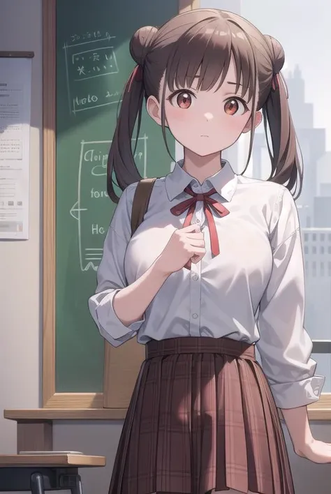 chiyokosonoda, <lora:chiyokosonoda-lora-nochekaiser:1>,
chiyoko sonoda, brown hair, (red eyes:1.5), hair bun, long hair, double bun, sidelocks,
BREAK brown skirt, buttons, collared shirt, dress shirt, miniskirt, neck ribbon, plaid, plaid skirt, pleated skirt, ribbon, school uniform, shirt, skirt, white shirt, yellow ribbon,
BREAK indoors, classroom,
BREAK looking at viewer, cowboy shot,
BREAK <lyco:GoodHands-beta2:1>, (masterpiece:1.2), best quality, high resolution, unity 8k wallpaper, (illustration:0.8), (beautiful detailed eyes:1.6), extremely detailed face, perfect lighting, extremely detailed CG, (perfect hands, perfect anatomy),