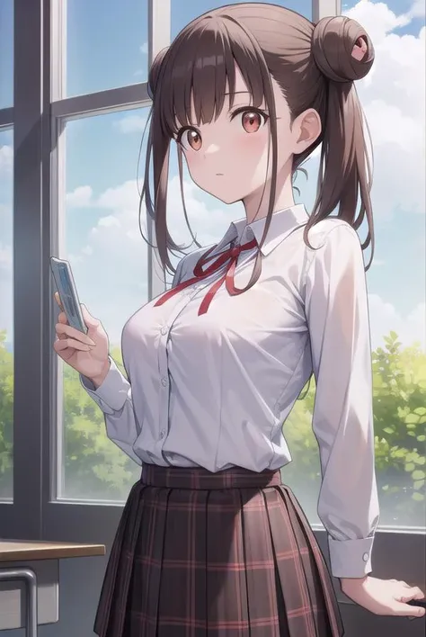 chiyokosonoda, <lora:chiyokosonoda-lora-nochekaiser:1>,
chiyoko sonoda, brown hair, (red eyes:1.5), hair bun, long hair, double bun, sidelocks,
BREAK brown skirt, buttons, collared shirt, dress shirt, miniskirt, neck ribbon, plaid, plaid skirt, pleated skirt, ribbon, school uniform, shirt, skirt, white shirt, yellow ribbon,
BREAK indoors, classroom,
BREAK looking at viewer, cowboy shot,
BREAK <lyco:GoodHands-beta2:1>, (masterpiece:1.2), best quality, high resolution, unity 8k wallpaper, (illustration:0.8), (beautiful detailed eyes:1.6), extremely detailed face, perfect lighting, extremely detailed CG, (perfect hands, perfect anatomy),