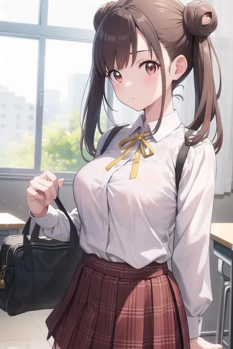 chiyokosonoda, <lora:chiyokosonoda-lora-nochekaiser:1>,
chiyoko sonoda, brown hair, (red eyes:1.5), hair bun, long hair, double bun, sidelocks,
BREAK brown skirt, buttons, collared shirt, dress shirt, miniskirt, neck ribbon, plaid, plaid skirt, pleated skirt, ribbon, school uniform, shirt, skirt, white shirt, yellow ribbon,
BREAK indoors, classroom,
BREAK looking at viewer, cowboy shot,
BREAK <lyco:GoodHands-beta2:1>, (masterpiece:1.2), best quality, high resolution, unity 8k wallpaper, (illustration:0.8), (beautiful detailed eyes:1.6), extremely detailed face, perfect lighting, extremely detailed CG, (perfect hands, perfect anatomy),