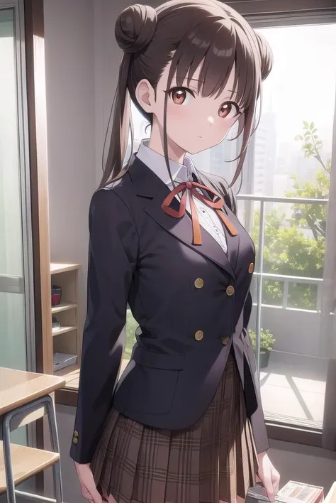 chiyokosonoda, <lora:chiyokosonoda-lora-nochekaiser:1>,
chiyoko sonoda, brown hair, (red eyes:1.5), hair bun, long hair, double bun, sidelocks,
BREAK brown skirt, buttons, collared shirt, dress shirt, miniskirt, neck ribbon, plaid, plaid skirt, pleated skirt, ribbon, school uniform, shirt, skirt, white shirt, yellow ribbon,
BREAK indoors, classroom,
BREAK looking at viewer, cowboy shot,
BREAK <lyco:GoodHands-beta2:1>, (masterpiece:1.2), best quality, high resolution, unity 8k wallpaper, (illustration:0.8), (beautiful detailed eyes:1.6), extremely detailed face, perfect lighting, extremely detailed CG, (perfect hands, perfect anatomy),