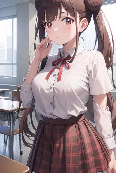 chiyokosonoda, <lora:chiyokosonoda-lora-nochekaiser:1>,
chiyoko sonoda, brown hair, (red eyes:1.5), hair bun, long hair, double bun, sidelocks,
BREAK brown skirt, buttons, collared shirt, dress shirt, miniskirt, neck ribbon, plaid, plaid skirt, pleated skirt, ribbon, school uniform, shirt, skirt, white shirt, yellow ribbon,
BREAK indoors, classroom,
BREAK looking at viewer, cowboy shot,
BREAK <lyco:GoodHands-beta2:1>, (masterpiece:1.2), best quality, high resolution, unity 8k wallpaper, (illustration:0.8), (beautiful detailed eyes:1.6), extremely detailed face, perfect lighting, extremely detailed CG, (perfect hands, perfect anatomy),