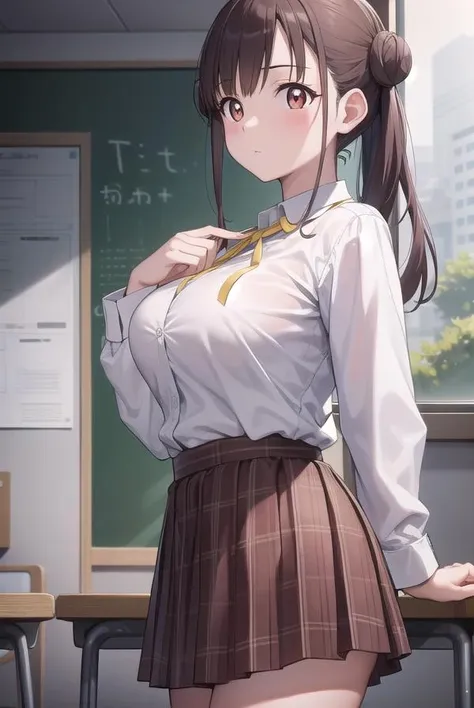 (1 person、solo), Beautiful woman, (High definition beautiful black eyes)、Anatomically perfect body, (Slender)、(High school girls), (Blazer uniform、White shirt, Pleated skirt), (Pussy juice:1.2), (Look down), (Embrace your chest:1.2)、、(Highest quality)、Black Hair, (half updo:1.1), classroom、(8k, High resolution)、(shy:1.2)、Mid-chest, (steam:1.1), (embarrassed:1.2), show off nipples under shirt、(wide shot), (Inner thighs)