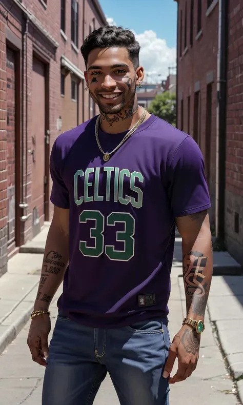 celtnba2024, 1man, Caucasian, puple hair, face tattoo, white rapper, 8k, uhd, masterpiece, detailed skin, skin pores, intricate, depth of field, raw image, 5 fingers, best quality, smile, looking at viewer, Boston Celtics jersey, in alley, beautiful graffiti in background, brick wall, jeans, jewelry, cuban link,