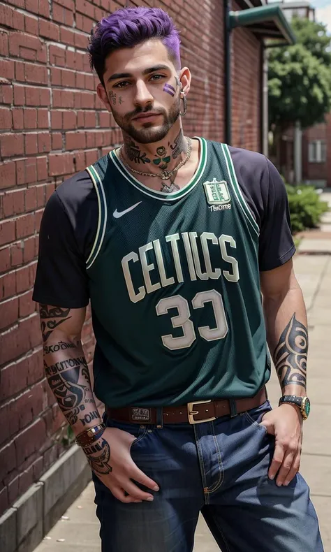 celtnba2024, 1man, Caucasian, puple hair, face tattoo, 8k, uhd, masterpiece, detailed skin, skin pores, intricate, depth of field, raw image, 5 fingers, best quality, looking at viewer, Boston Celtics jersey, in alley, beautiful graffiti in background, brick wall, jeans, jewellery,