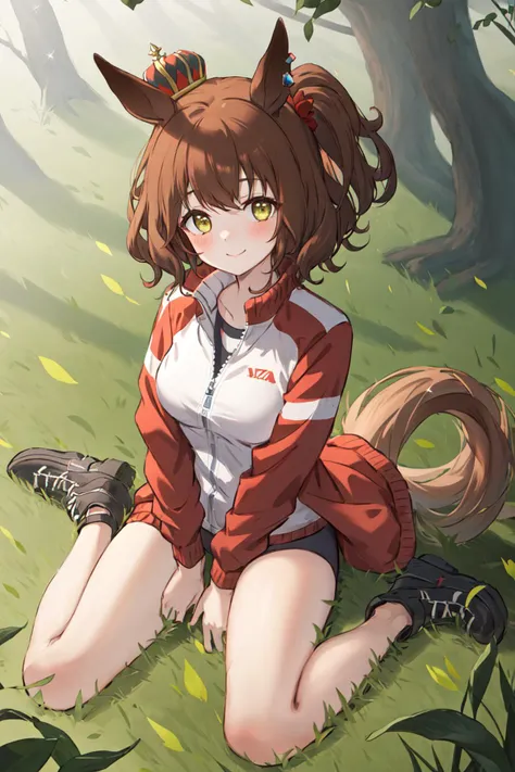 1girl, animal ears, horse ears, crown, solo, buruma, horse girl, track jacket, jacket, brown hair, horse tail, tracen training uniform, looking at viewer, tail, outdoors, yellow eyes, mini crown, smile, grass, medium hair, breasts,<lora:aston_machan_lora:0.9>,aston machan \(umamusume\), buruma, red buruma, red clothes,
sitting,full body,wariza,grass, jewelry, from above, angle, happy,
Sidelighting,Rim lighting,Light sparkles,