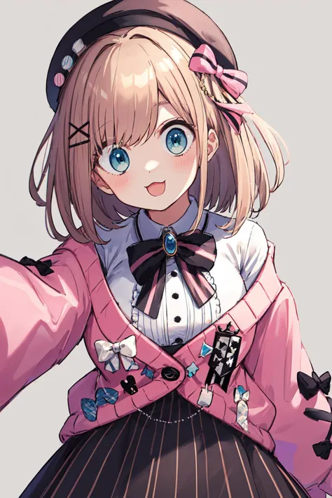 masterpiece, best quality, highres, hmsl1, beret, x hair ornament, medium hair, pink bow, large breasts, jewelry, pink cardigan, brooch, white shirt, vertical-striped skirt, <lora:suzuhara_lulu_v10:0.7>, (portrait:1.2), standing, smile, <lora:surprised_v100:1>, (:3:1.2), open mouth,