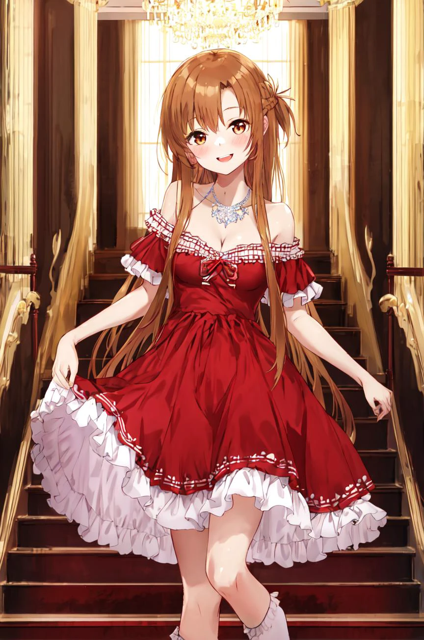masterpeace,1girl, asuna (sao), long hair, looking at viewer,happy,smile, brown hair, brown eyes, princess line dress, blush, bare shoulders, indoors, braid, bangs, breasts, very long hair, red luxury dress, medium breasts, <lora:asuna:0.6>,cleavage, Sidelighting, standing, no collar,luxury necklace, stairs background, long skirt,curtsey,pigeon toed, off shoulder frill dress,