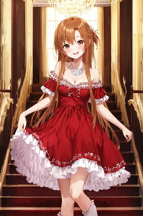 masterpeace,1girl, asuna (sao), long hair, looking at viewer,happy,smile, brown hair, brown eyes,  princess line dress, blush, bare shoulders, indoors, braid, bangs, breasts,  very long hair, red luxury dress,  medium breasts, <lora:asuna:0.6>,cleavage, Sidelighting, standing, no collar,luxury necklace, stairs background, long skirt,curtsey,pigeon toed, off shoulder frill dress,