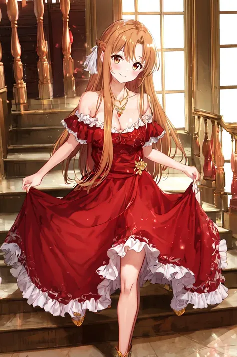 masterpeace,1girl, asuna (sao), long hair, looking at viewer,happy,smile, brown hair, brown eyes, princess line dress, blush, bare shoulders, indoors, braid, bangs, breasts, very long hair, red luxury dress, medium breasts, <lora:asuna:0.6>,cleavage, Sidelighting, standing, no collar,luxury necklace, stairs background, long skirt,curtsey,pigeon toed, off shoulder frill dress,