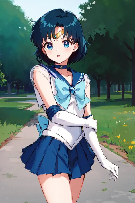 masterpiece, best quality, highres, mer1, tiara, sailor senshi uniform, blue sailor collar, bow, knee boots, choker, white gloves, blue choker, elbow gloves, jewelry, earrings, blue skirt, <lora:mercury_v2:0.7>, cowboy shot, 1990s \(style\), outdoors,