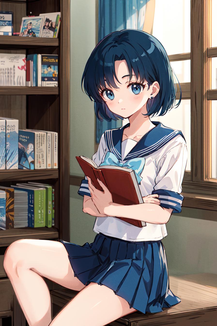Anime girl sitting on a table reading a book in a library - SeaArt AI