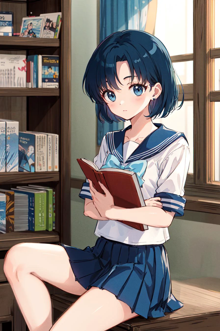 masterpiece, best quality, highres, mer1, sailor school uniform, blue sailor collar, bow, jewelry, earrings, blue skirt, <lora:mercury_v2:0.7>, cowboy shot, 1990s \(style\), indoors,pleated skirt, books, sitting, desk,