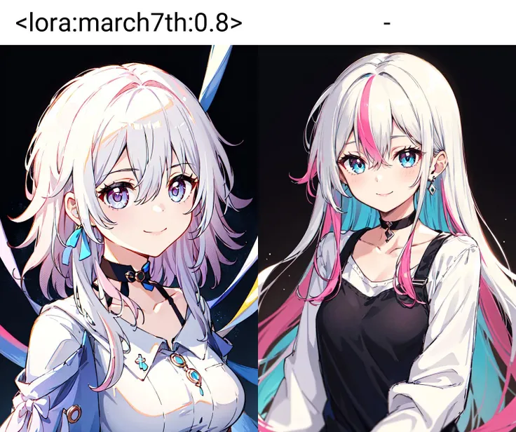 1girl, solo, bangs, looking at viewer, closed mouth, smile, blue eyes, hair between eyes, long hair, choker, earrings, jewelry, white shirt, white hair, shirt, collarbone,
<lora:march7th:0.8> ,march7th, multicolored_eyes, pink hair, ribbon earrings,