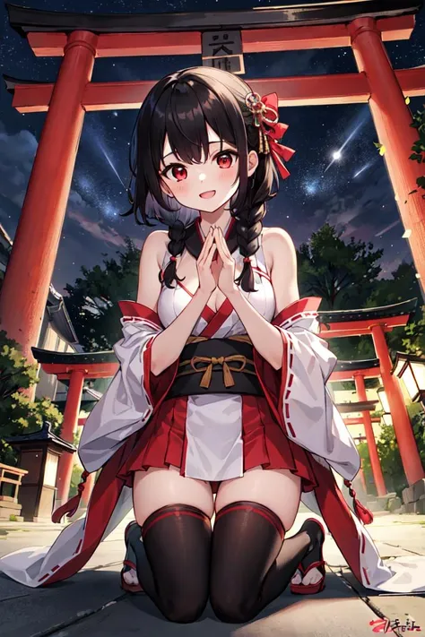 1girl, long hair, red eyes, braid, hair over shoulder, blush, tareme, cleavage, black hair, happy, middle breasts,
japanese clothes, zettai ryouiki,  bare shoulders,looking at viewer,
kneeling down, outdoors,night,  from below, shrine, tree, torii, milky way,