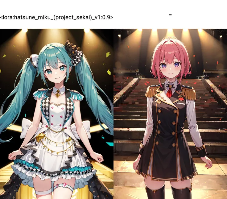 masterpiece, best quality, highres, momomiku, epaulettes, <lora:hatsune_miku_(project_sekai)_v1:0.9>, cowboy shot, stage, standing, smile, arms at sides,looking at viewer,