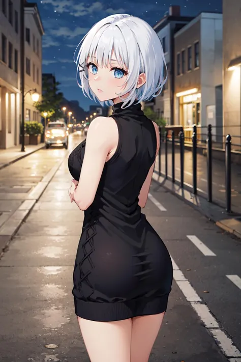 masterpiece,best quality,highres,ultra-detailed,aasiesta,short hair,bangs,x hair ornament,hairclip,<lora:siesta:0.8>,ass,night,street,standing,sweater dress,turtleneck,sleeveless,