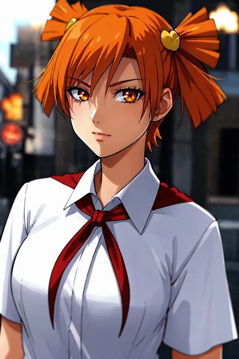 (dark shot:1.4), 80mm, dvache, 1girl, solo, looking at viewer, short hair, shirt, hair ornament, twintails, blurry, white shirt, upper body, short sleeves, orange hair, orange eyes, short twintails, , heart hair ornament , twintails, standing, <lora:dvache:0.65> arrogance