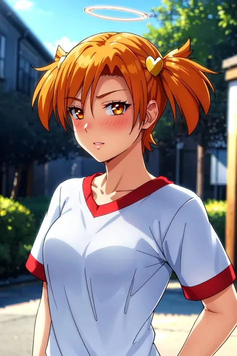 (dark shot:1.4), 80mm, dvache, 1girl, solo, looking at viewer, short hair, shirt, hair ornament, twintails, blurry, white shirt, upper body, short sleeves, orange hair, orange eyes, short twintails, , heart hair ornament , twintails, standing, <lora:dvache:0.65>    gym_uniform  hair_ornament halo light_blush long_hair looking_at_viewer outdoors parted_lips plant purple_eyes red_buruma red_shorts shirt