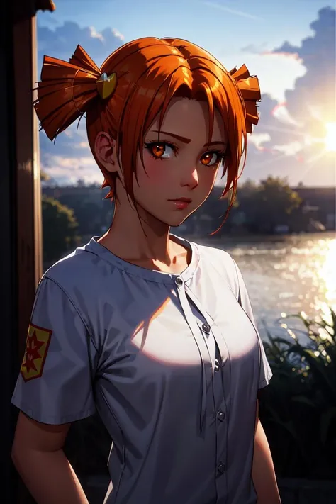 (dark shot:1.4), 80mm, dvache, 1girl, solo, looking at viewer, short hair, shirt, hair ornament, twintails, closed mouth, white shirt, upper body, short sleeves, orange hair, orange eyes, short twintails, nature, sunset, outdoors, heart hair ornament , bare shoulders, twintails, standing, <lora:dvache:0.65> <lora:more_details:0.2> <lora:LowRA:0.2>, art by greg rutkowski and artgerm, soft cinematic light, adobe lightroom, photolab, hdr, intricate, highly detailed, (depth of field:1.4)
